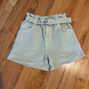 Forever 21 High-Waist Belted Denim Cargo Womens Shorts - Light Sage